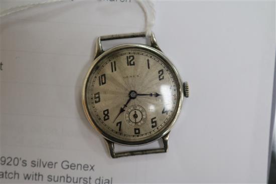 A gentlemans late 1920s silver Genex manual wind wrist watch with sunburst dial (no strap).